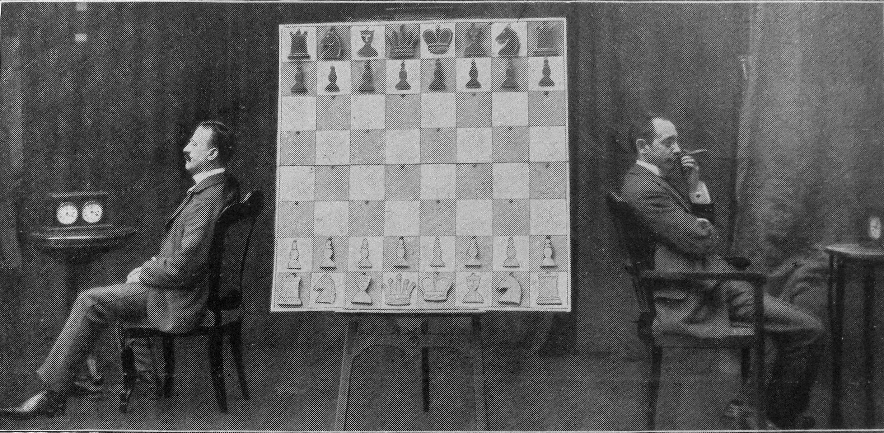 Jacques Mieses und Carl Schlechter beim Blindschach-Wettkampf im Stuttgarter Königsbau, Januar 1909