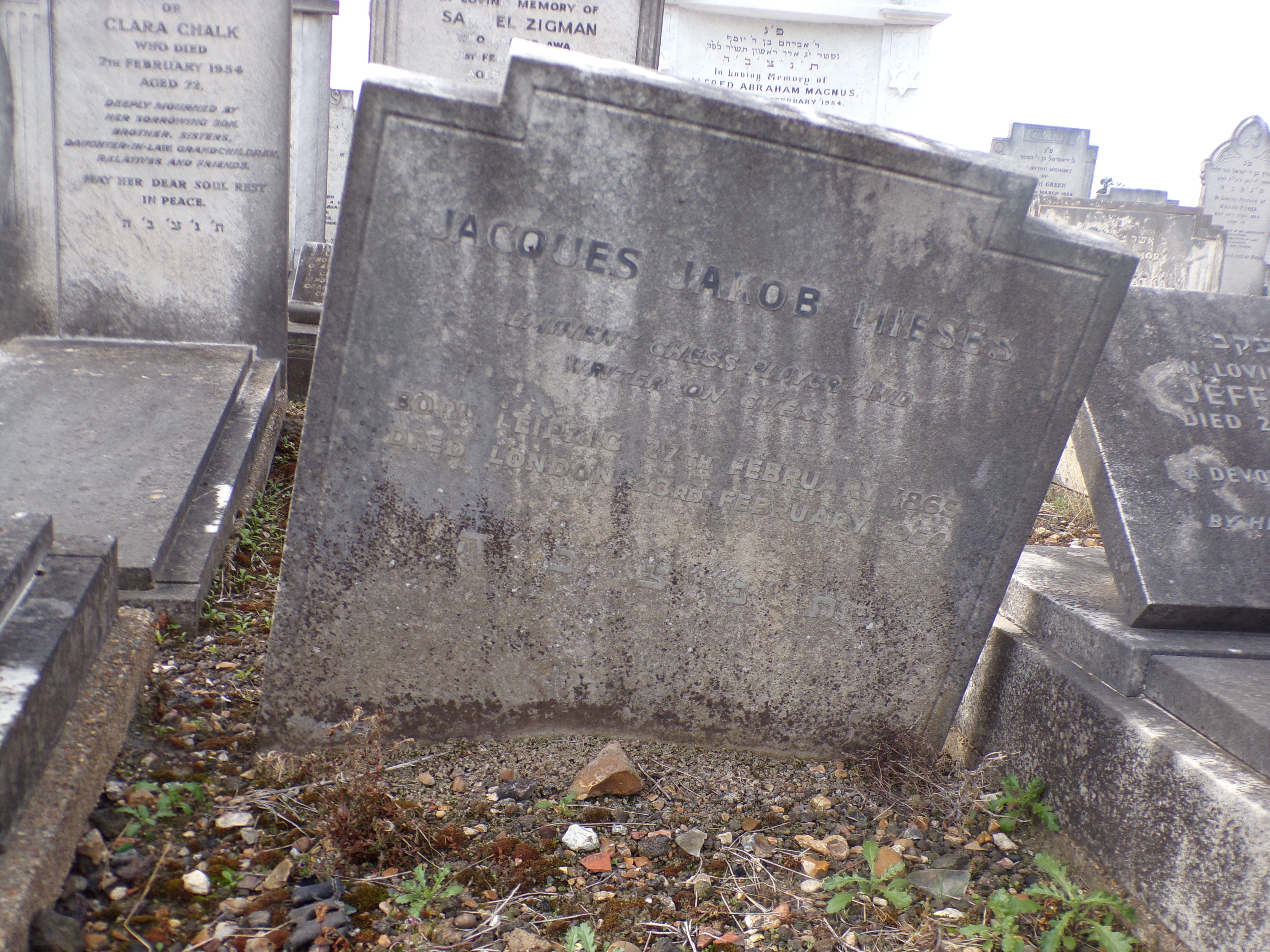 Gravestone of Jacques Mieses at East Ham Jewish Cemetery, London
